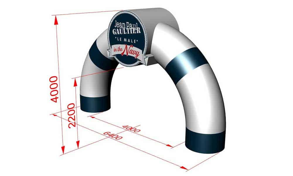 The final favoured design was a curved arch with a prominent 3D extruded logo in the centre.