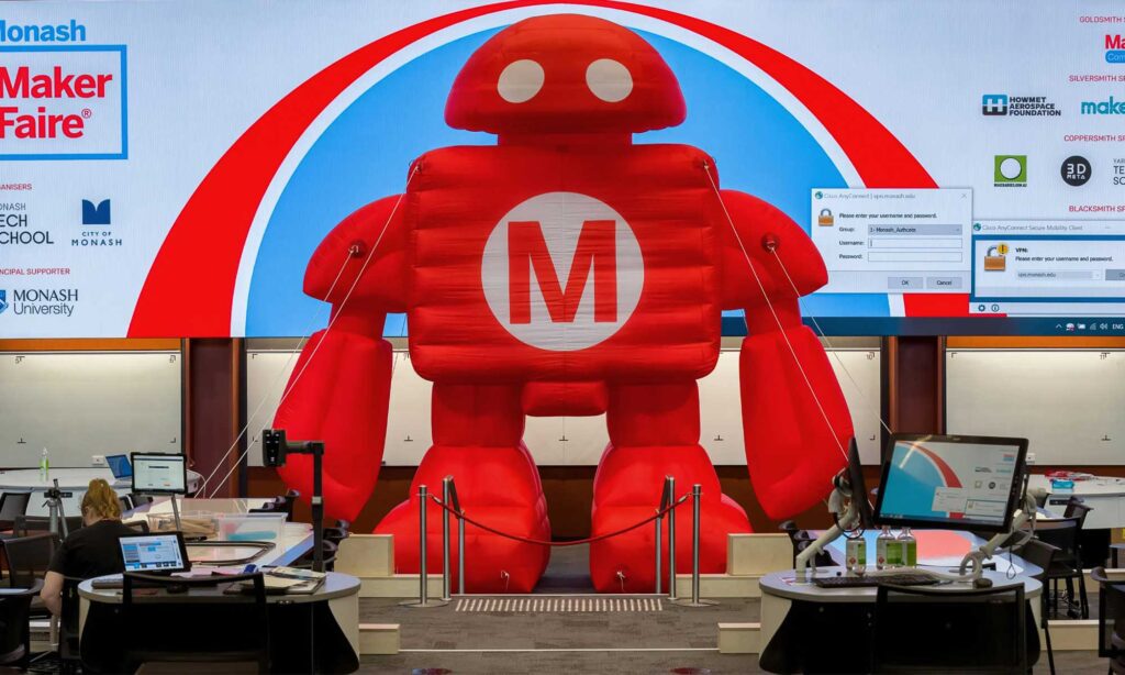 The mascot for the Maker Faire, Makey the Robot, travels around each year and is re-erected at every destination.