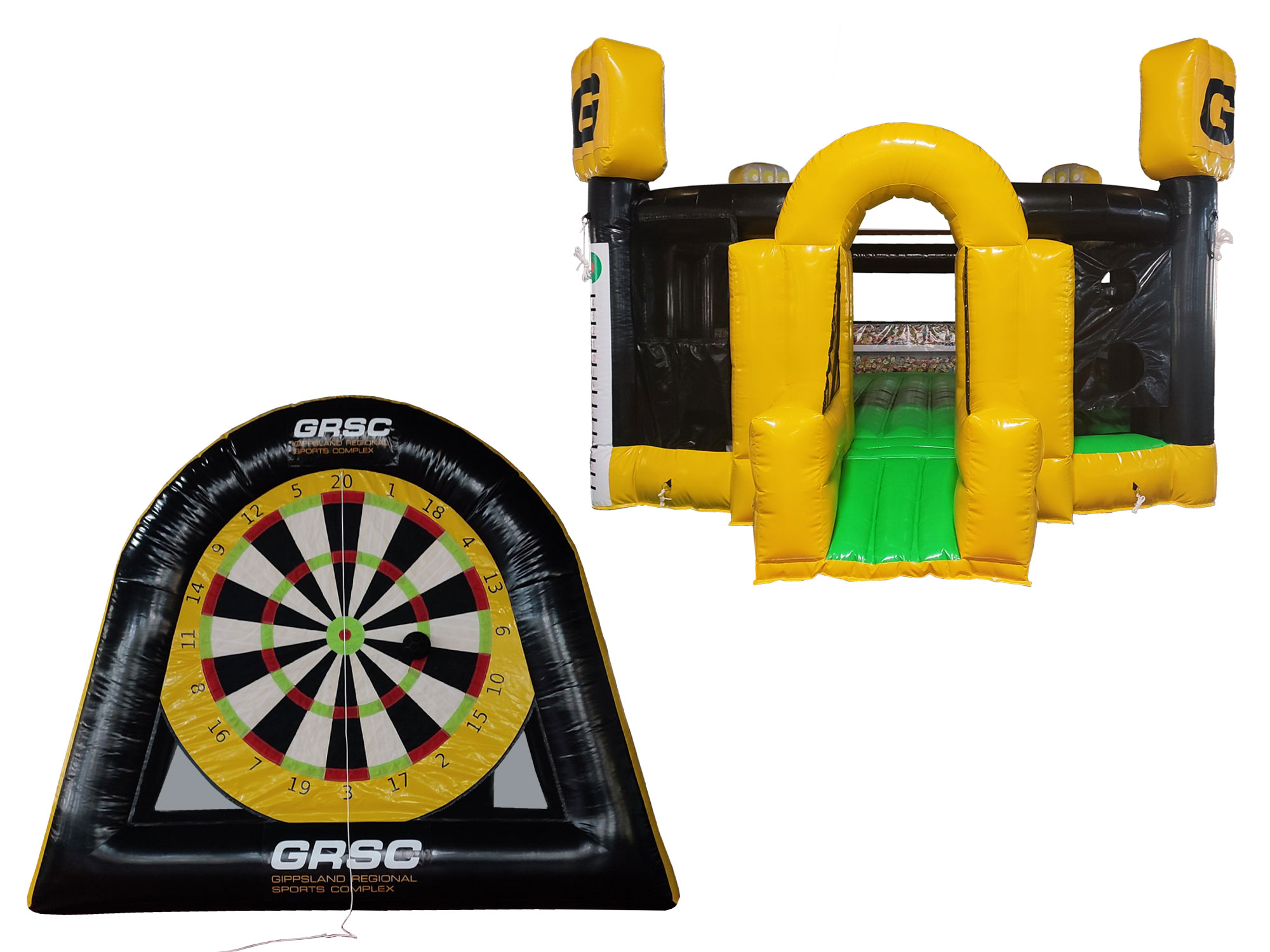 The giant dartboard is very popular among young soccer enthusiasts, while the jumping castle appeals to younger children.
