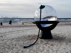 Architect John Macdonald, in a collaboration with Giant Inflatables, created the Bright Buoy sculpture for the SWELL Sculpture Festival