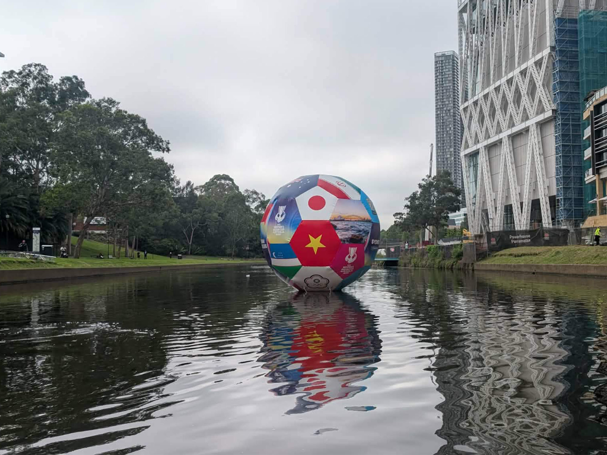 Giant Inflatables built a 4 metre sealed air football for Destination NSW to anchor in the Parramatta River
