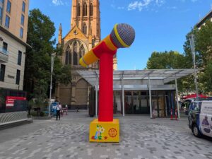 Inflatable Microphone provided a guy wire-free, illuminated promotional centrepiece for the Melbourne Comedy Festival at Town Hall Station